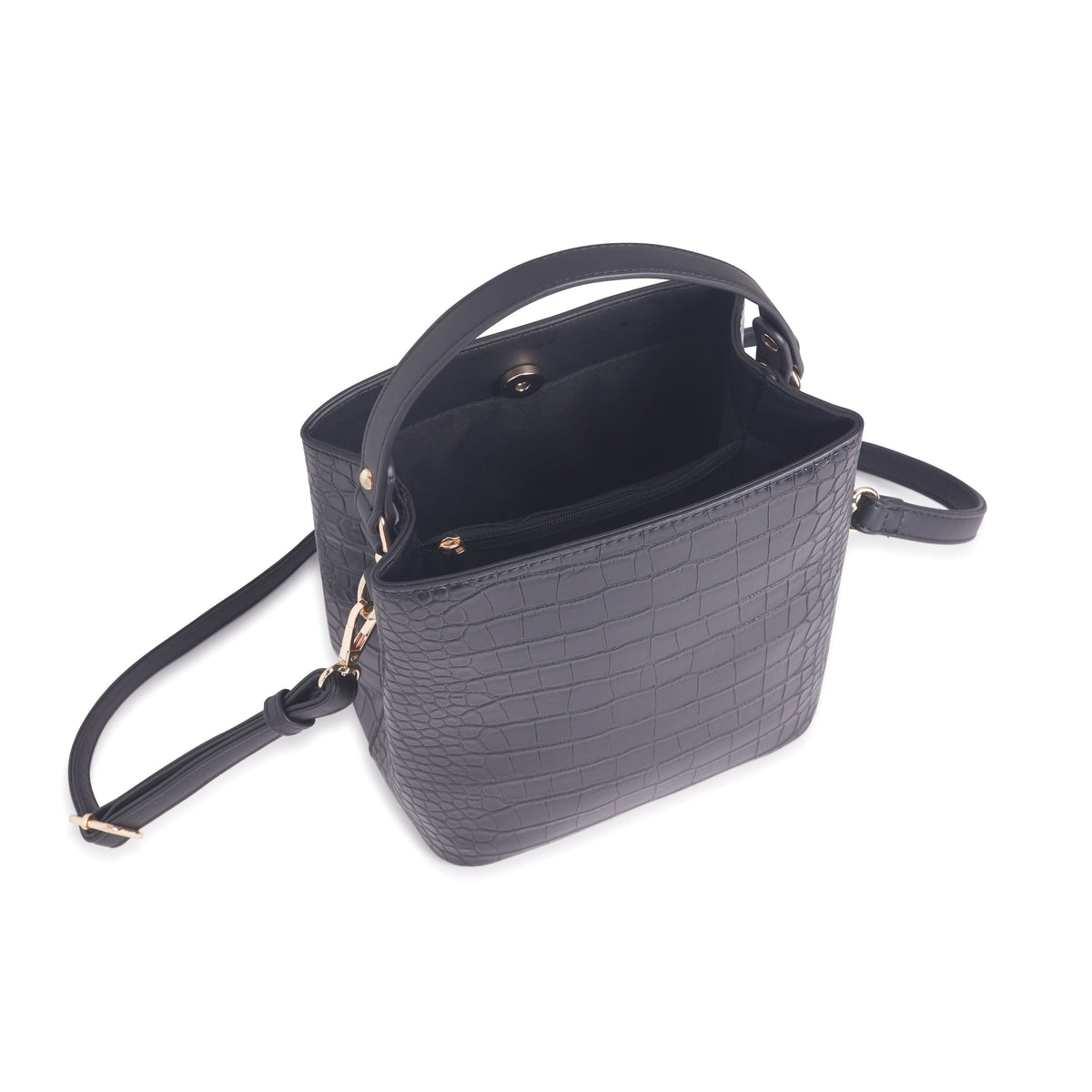 Black Embossed Croc Bucket Purse