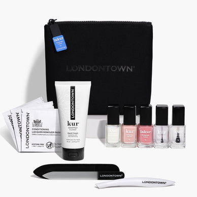 Discover nail, cuticle, and hand care—the Londontown way! This carefully curated set includes our most trusty tools, manicure must-haves, and sought after best-sellers. Everything you need is here. Whether you are spending the night in for a meticulous manicure or only have 5 minutes to pull a look together, we've got you covered. 
Set includes: 

3 Conditioning Lacquer Remover Pads
Fresh Glow Cuticle Remover (12 ml / .4 fl oz)
Cuticle Pusher
Glass Nail File - Black
Nail Hardener Base Coat (12ml / .4 fl oz)
lakur in Mojave Mauve (12ml / .4 fl oz)
Original Illuminating Nail Concealer (12ml / .4 fl oz)
Perfecting Nail Veil #4 (12 ml / .4 fl oz)
High Gloss Top Coat (12ml / .4 fl oz)
Whipped Cloud Hand Cream (75 ml / 2.5 fl oz)

Fulfilled by our friends at LONDONTOWN 
*Please Note: 

 Rewards cannot be applied to this product
This item is not eligible for returns 
This item cannot be shipped outside the U.S.
