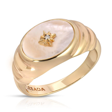 The sky meets the sea in our Aurora ring featuring a cz starburst and genuine pearl. 
14k gold plated signet ring with genuine pearl and starburst cz inlay. Available in sizes 6, 7, 8 
Fulfilled by our friends at  Leeada 
*Please Note: 

This item is not eligible for returns 
This item cannot be shipped outside the U.S.
