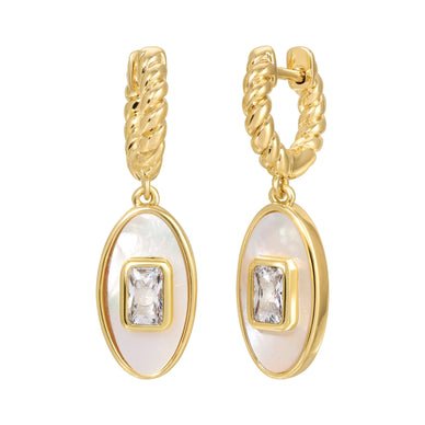 Classic mother of pearl and clear czs, mixed together in a modern shape 
14k gold plated over brass drop earrings with genuine Mother of Pearl and cz baguette accent 
Fulfilled by our friends at  Leeada 
*Please Note: 

This item is not eligible for returns 
This item cannot be shipped outside the U.S.
