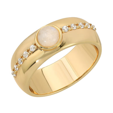 Luminescent moonstone and bright white cz's bring this gorgeous ring to life. A touch of vintage for today's world. This isn't your grandma's statement ring. 
Materials: 14k gold-plated over brass, genuine Moonstone with white cz accents Available in sizes 6, 7, 8 
Fulfilled by our friends at  Leeada 
*Please Note: 

This item is not eligible for returns 
This item cannot be shipped outside the U.S.
