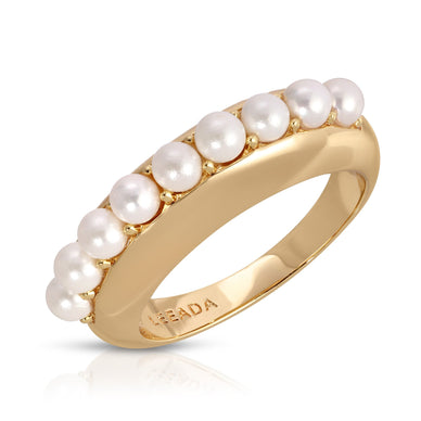 Playful and fun, this ring makes the perfect statement 
14k gold plated over brass, genuine pearls 
Available in size 6, 7, 8 
Ships separately from our friends at Leeada 

Please Note: Rewards cannot be applied to this product 